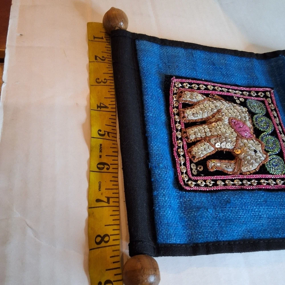 Boho Wall Hanging Embroidered Elephant Textile Art Blue Bohemian Decor